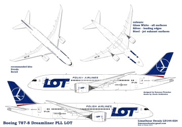 Zestaw kalkomanii Boeing 787-8 DREAMLINER PLL LOT  Lima Oscar Decals LD44-024 skala 1/144